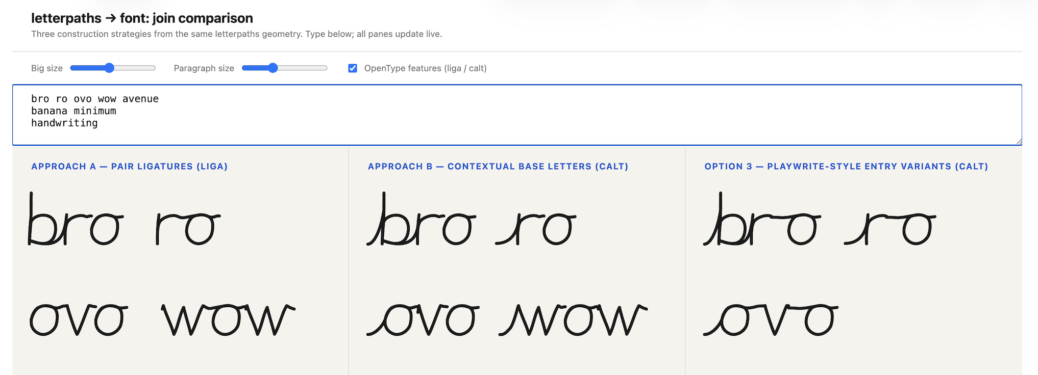 Screenshot comparing three font join construction strategies from the same letterpaths geometry