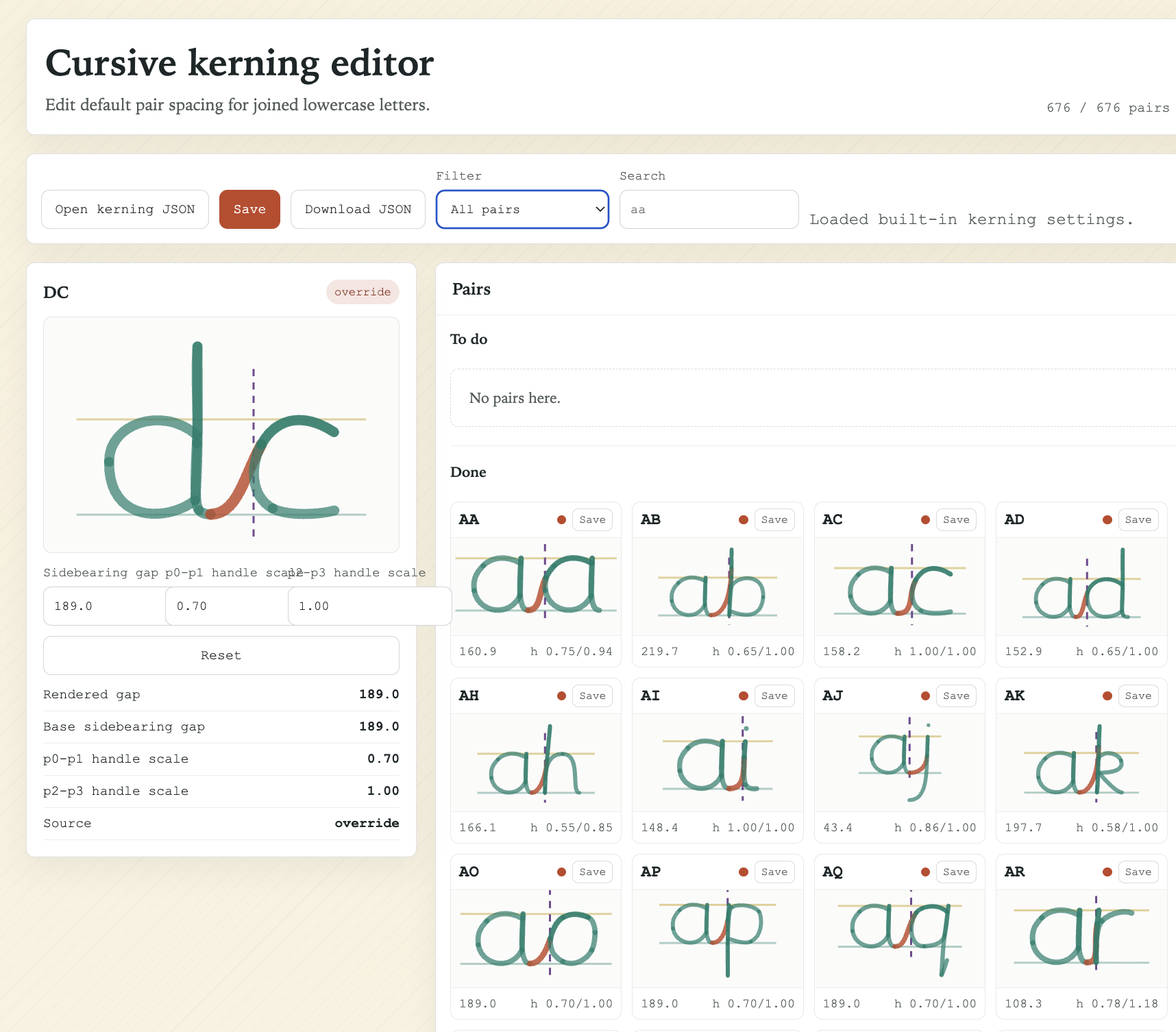 Screenshot of the cursive kerning editor showing pair filters, controls, and editable letter combinations